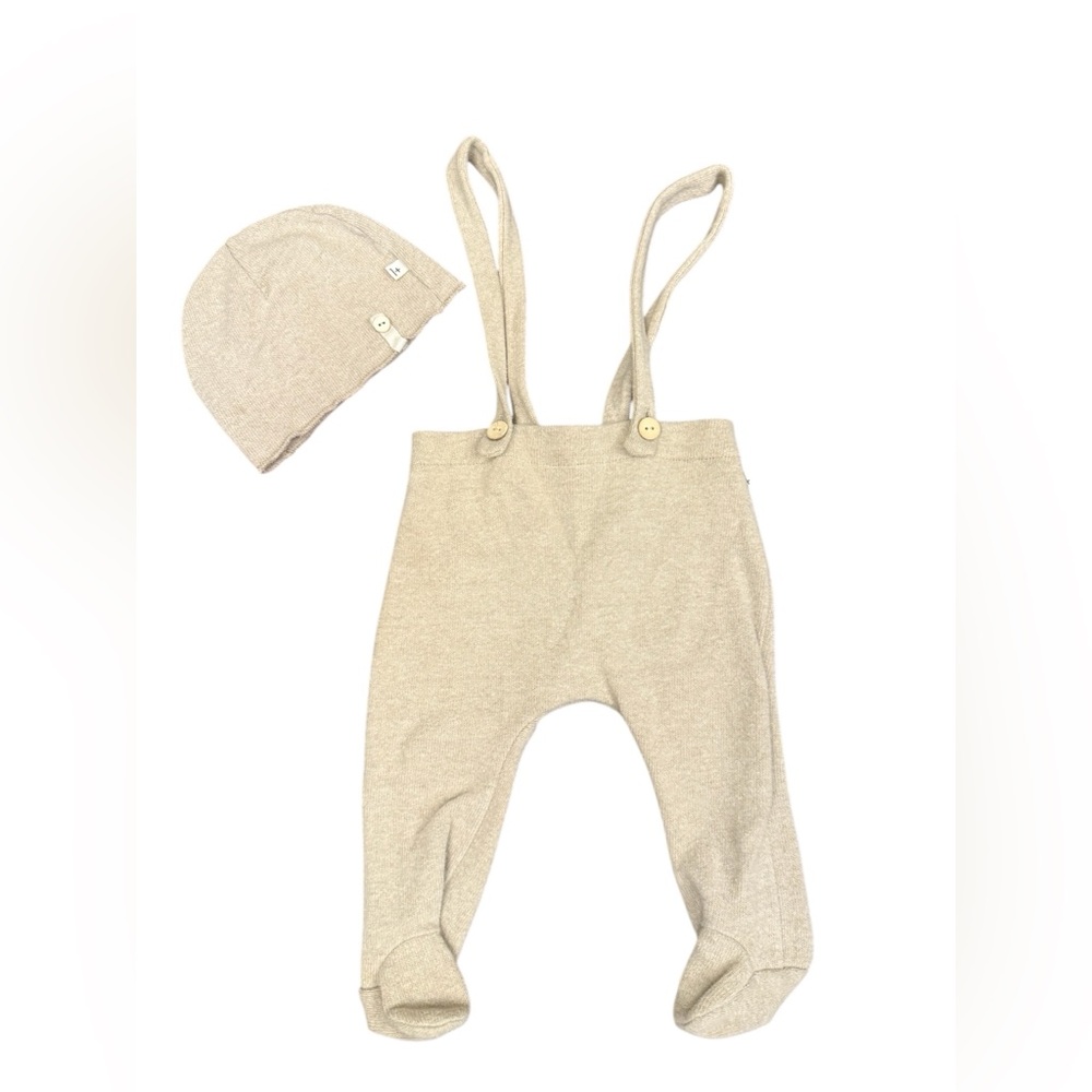 1 + in the family Beige Knit Suspender Pants and Matching Beanie Set